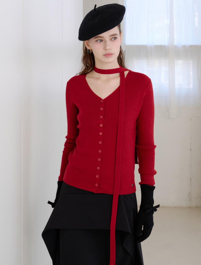 Leuiel Tie V-Neck Knit Cardigan_Red