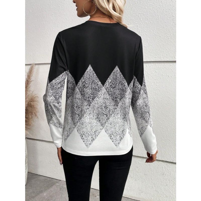Women's Fashion Casual Spring Fall Rhombus Print Long Sleeve O-Neck Blouses & Shirts