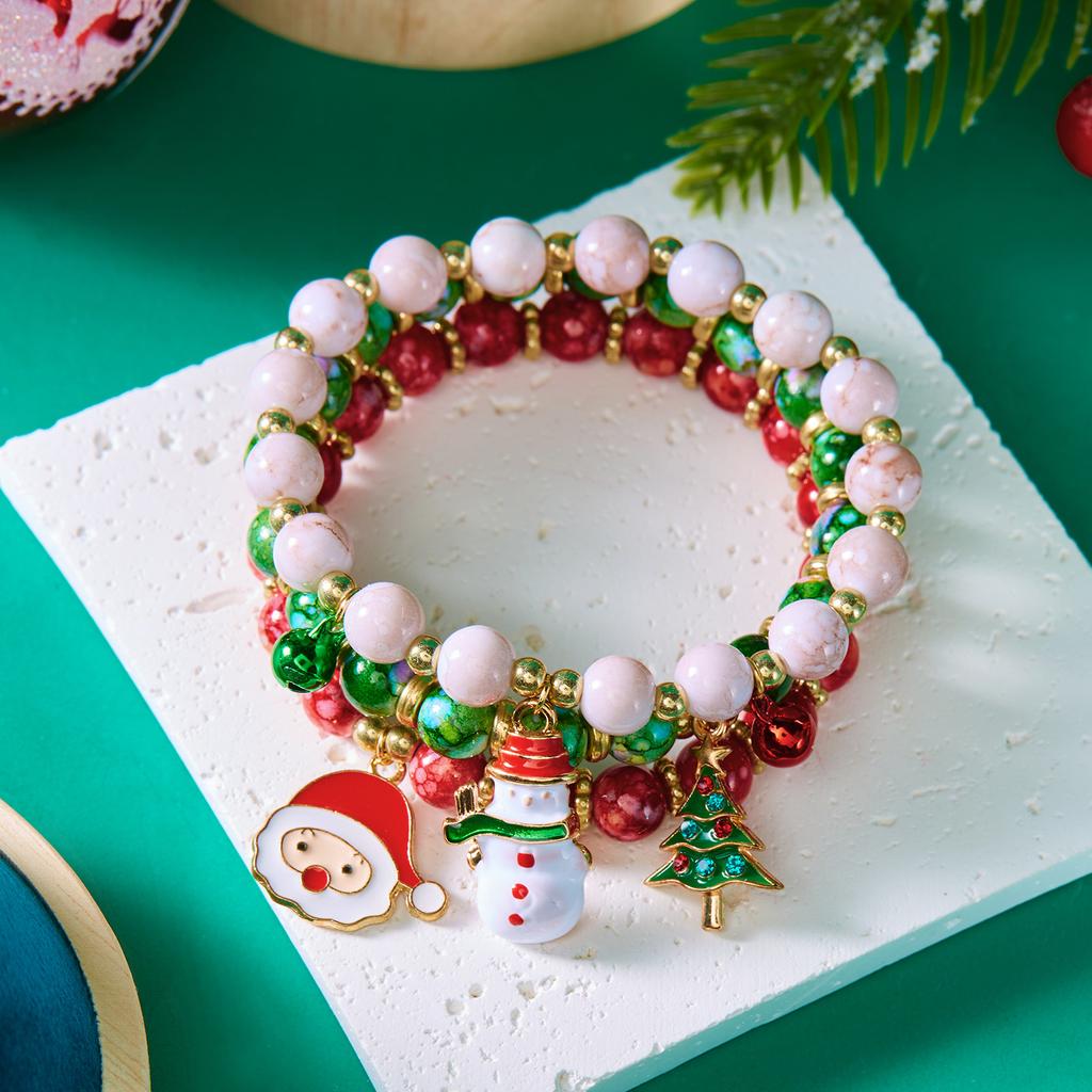 3Pcs Christmas Bracelet Set For Women Men Colorful Beaded Xmas Tree Snowman Santa Claus Snowflake Deer Bangles Festival Jewelry