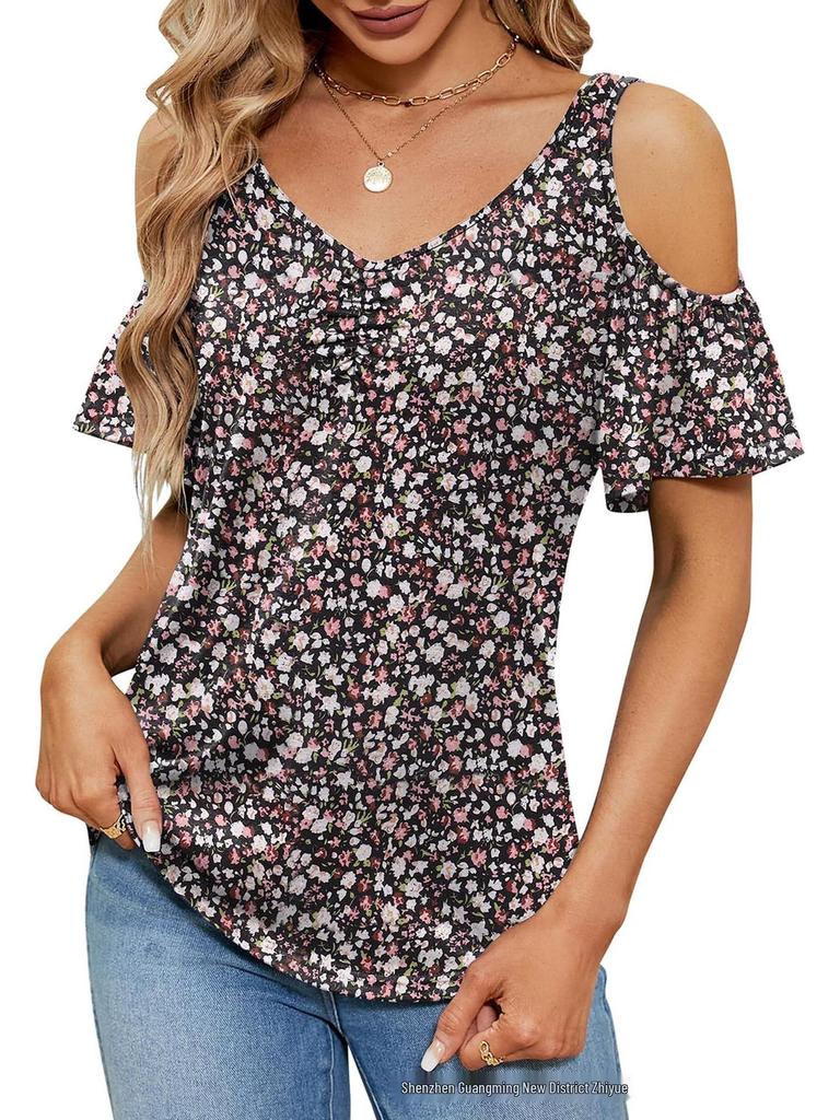 2025 Summer Off-the-Shoulder V-Neck Print Top for Women