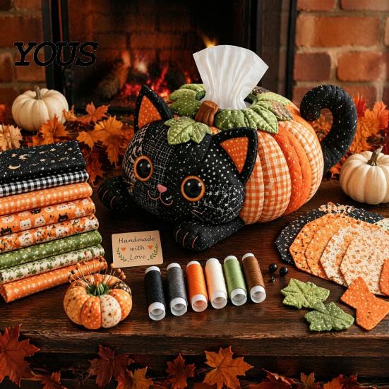 Quilted Tissue Cover Pattern Box DIY Sewing Kit, Halloween Theme, Patchwork Fabric Craft Gothic Bundle Set, Handicraft Cover, for Home And Haunted