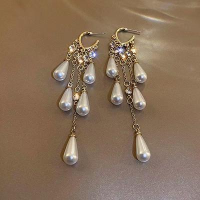 Elegant Rhinestone & Pearl Tassel Earrings for Women - Trendy Light Luxury Design