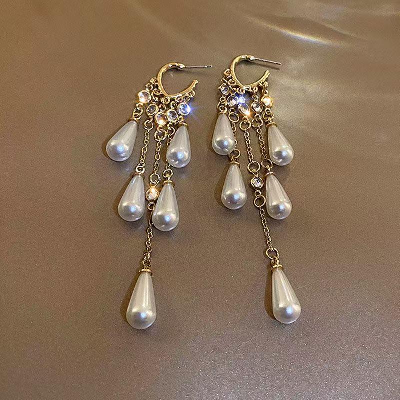 Elegant Rhinestone & Pearl Tassel Earrings for Women - Trendy Light Luxury Design