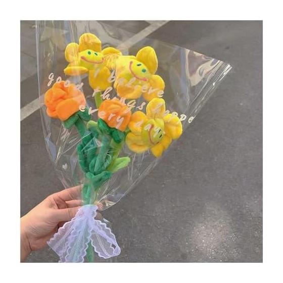 Stuffed toy bouquet set of 5, cute, smiling flower bouquet, three flowers, sunflowers, two roses, flowers that never wither, artificial flowers,