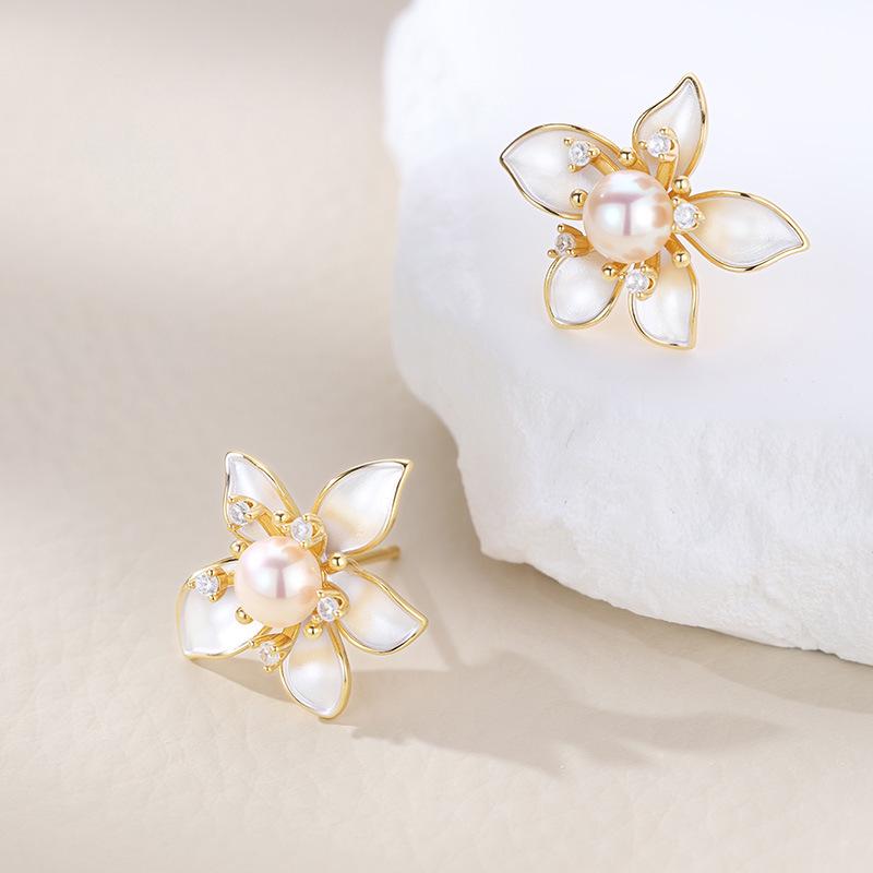 925 Sterling Silver Zircon Fairy Petal Earrings with Freshwater Pearl Design