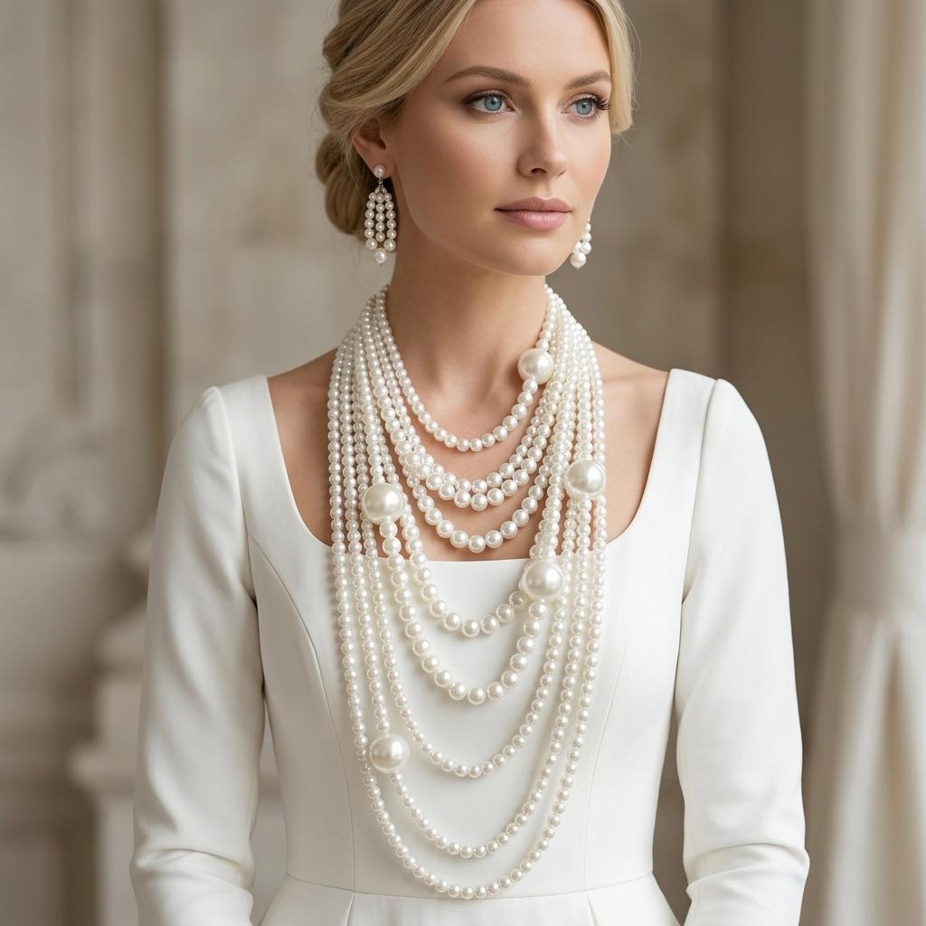 Kit Collana Lunga con Perle Eccessive Multi-Strato Orecchini Vintage da Donna Set di Gioielli con Filo Statement di Grandi Perle per Matrimonio Festa