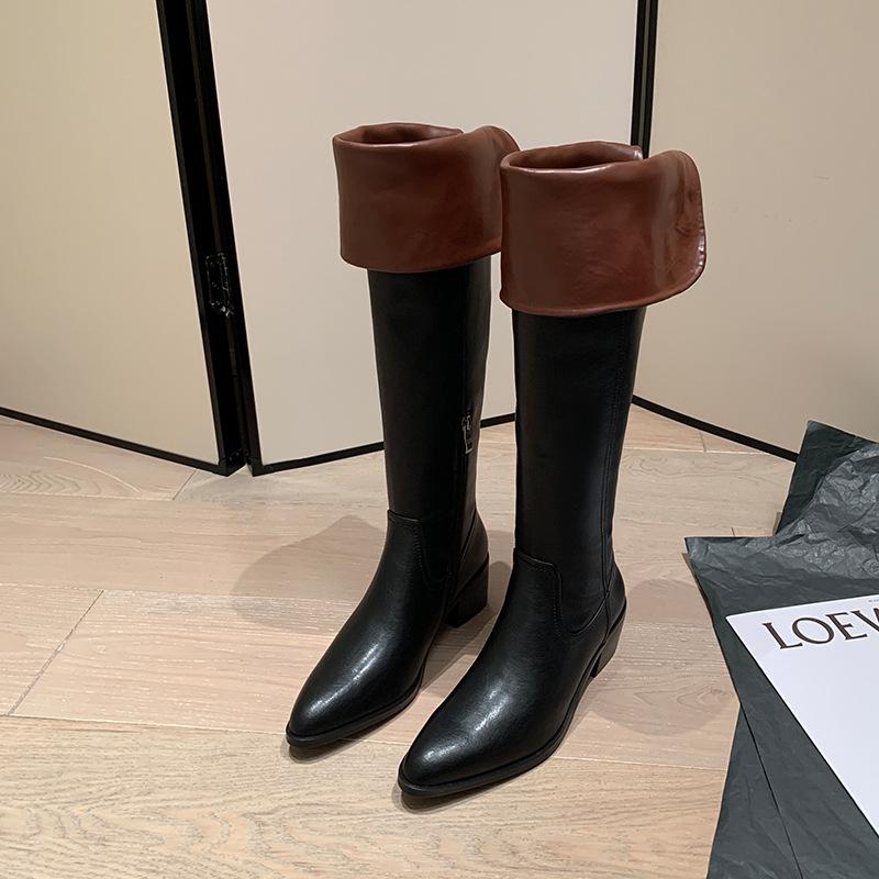 Cowhide French temperament thick heel knee boots two wear foldable women's boots western boots knee boots women