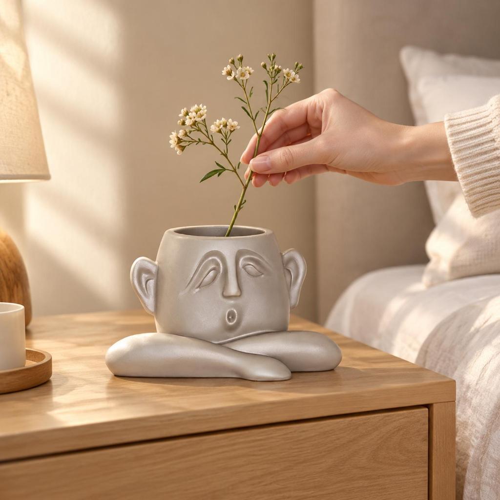 Abstract Face Vase Carved Unique Pen Holder for Living Room, Hallway, Office Nordic