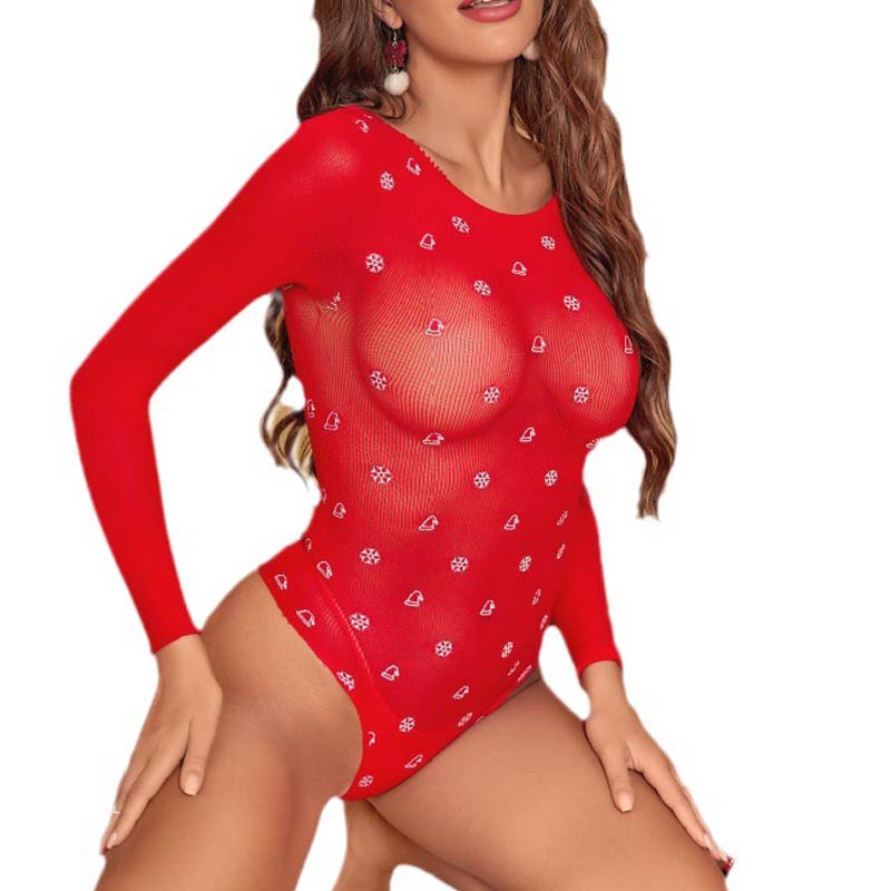 Rot Sexy Fishnet Body Für Frauen Weihnachten Hohl Langarm Erotische Dessous Weibliche Mesh Unterwäsche