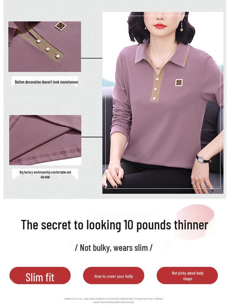 Elegantes Baumwoll-T-Shirt mit Kragen und langen Ärmeln für Frauen in den 50ern - Herbst- & Wintermode