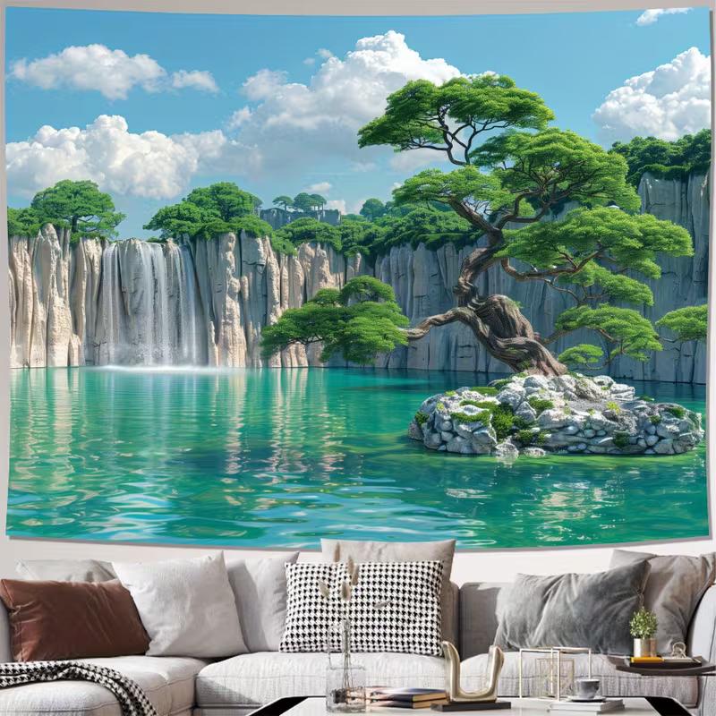 

2D Zen Bonsai Tree on Lake Island Tapestry Waterfall Nature Art Wall Decor Cloth for Home & Bedroom 47.2x31.5inch/120*80cm