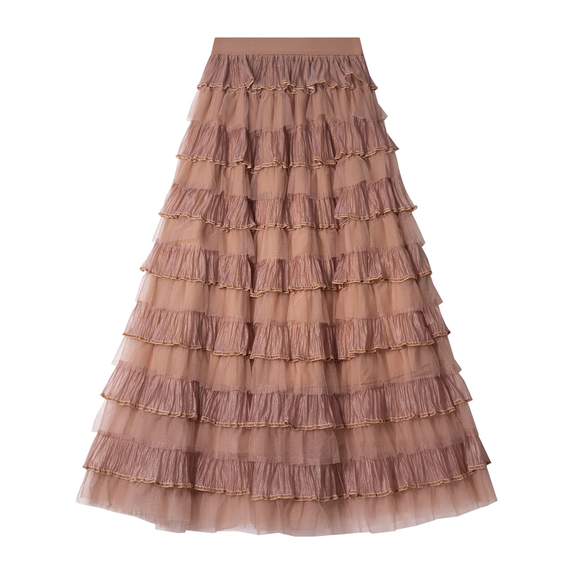 

Юбка-торт из многослойной сетки, свежая и нежная ветрозащитная длинная юбка, осень-зима 2025, новая высокая корейская версия юбки контрастного цвета One Size