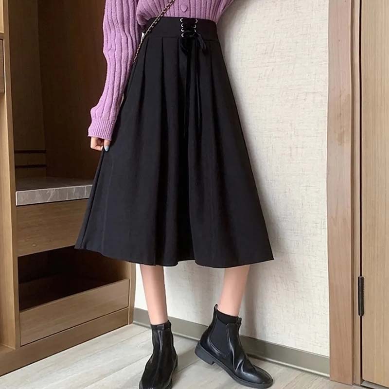 Falda Vintage de Línea A de Cintura Alta para Mujer Cintura Elástica con Cordones Falda Midi Plisada Primavera y Otoño