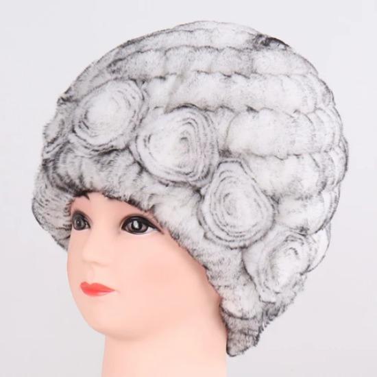 Hot Sale Winter Women Flower Striped Natural Real Fur Hats Lady Warm Knit Genuine Rex Rabbit Fur Caps Outdoor Fur Beanies Hats