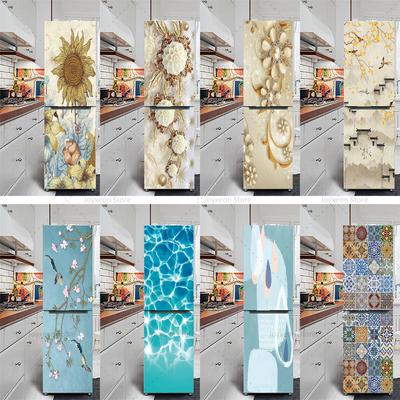 Retro Bloemen Koelkast Sticker Lichtblauwe Achtergrond Vinyl PVC Waterdicht Zelfklevende Poster Muurschildering Decoratieve Koelkast Sticker
