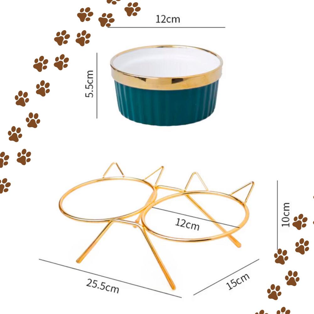 Set of 2 x 300ml double bowl for cat and dog on a stand, ceramic, gold ears, PetJet