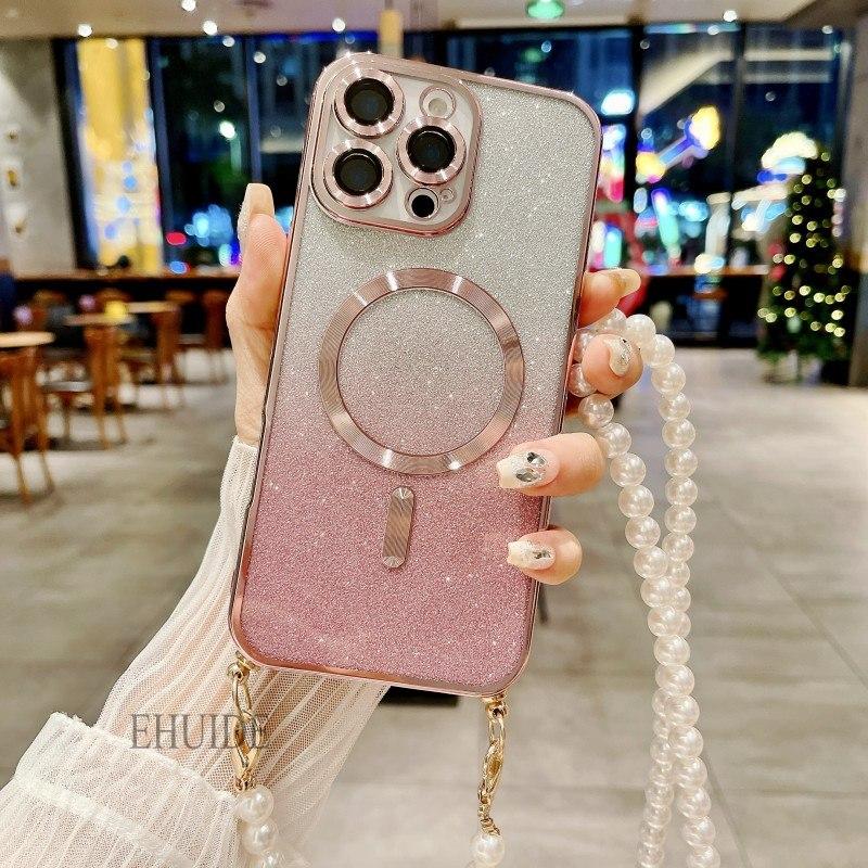 

Magnetic Case For iPhone 17 16 Pro Max 15 14 11 12 13 Plus X Wireless Charging Pearl Lanyard Strap Glitter Plating Clear Cover For iPhone 15 Pro Max&Case & Strap