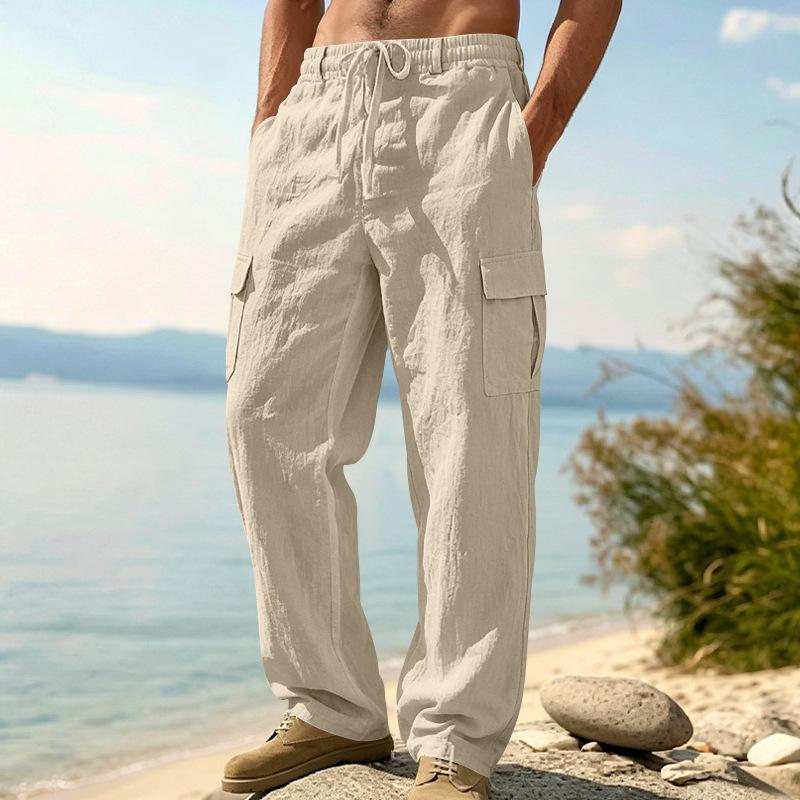 Men Linen Breathable Multiple Pockets Cargo Loose Wide Leg Casual Pants S хаки