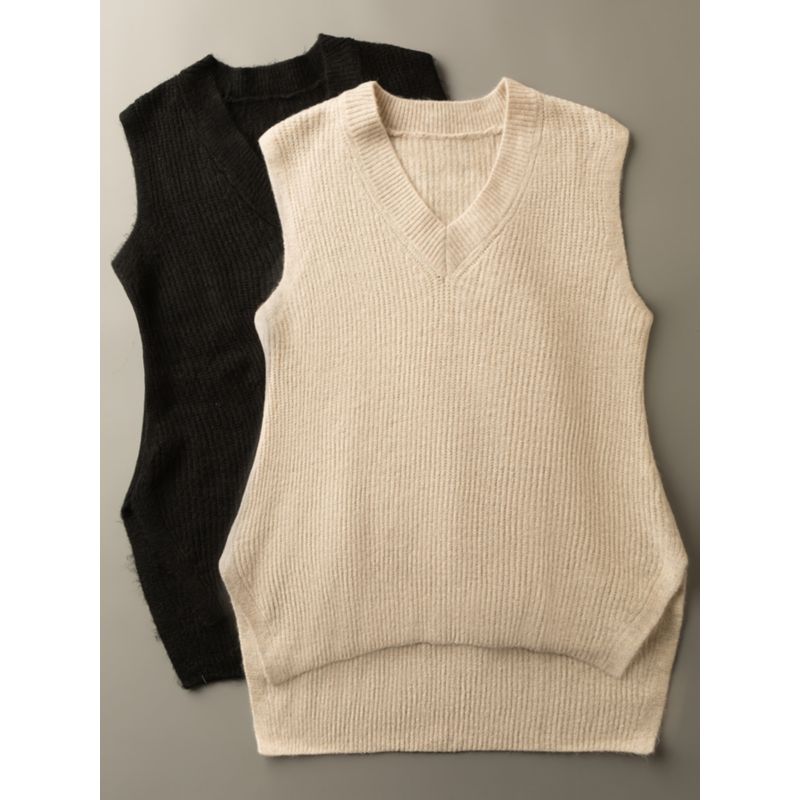 

Spring & Fall Export K-style New Arrival Easiest for Match Minimalist Front Short Back Length V Neck Sleeveless Wool Waistcoat Vest Rice mixed color M
