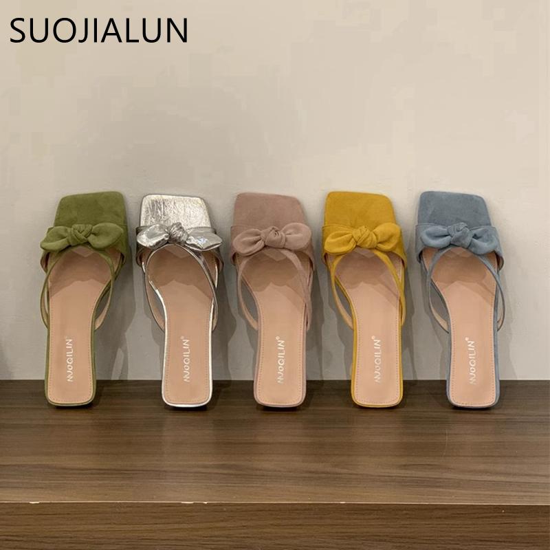 Fashion SUOJIALUN 2025 Summer New Women Slipper Fashion Bow-knot Slip On Slides Shoes Square Low Heel Outdoor Dress Sandal Shoes