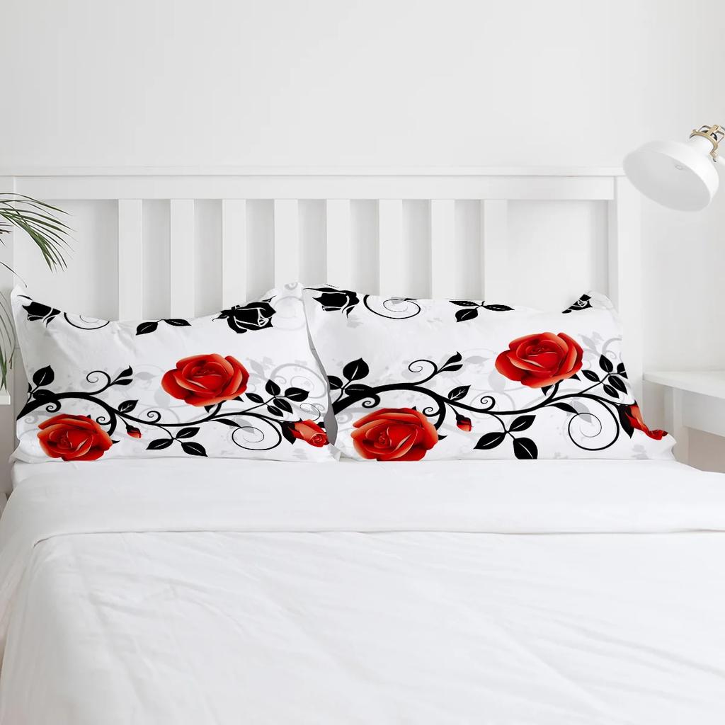 Rød Og Svart Roseblomst Hvit Sengetøyssett 3 stk Dynetrekk Putetrekk Barn Voksen Dynetrekk Dobbeltsengsett Hjemmetekstil