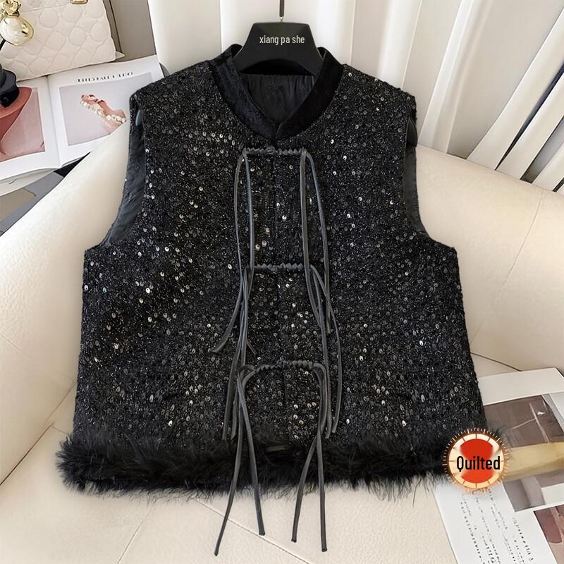 

Женский новый жилет на пуговицах с пайетками в китайском стиле One Size