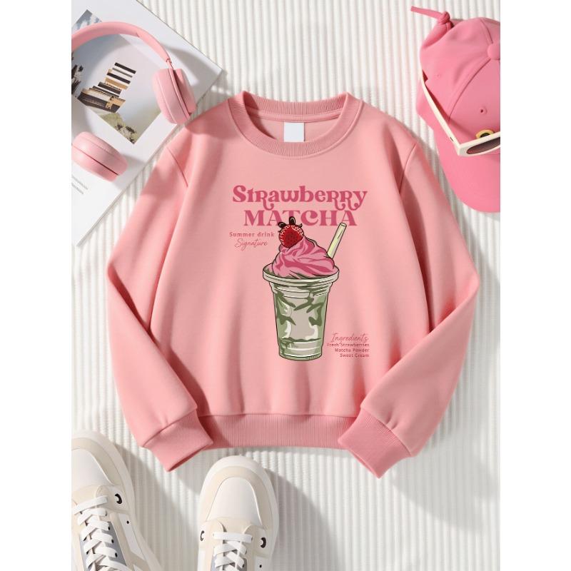 European Sizes Girls' Long-Sleeve Round Neck Sweatshirt "Strawberry Matcha" Print, Spring/Autumn, Casual, Daily & Sports.