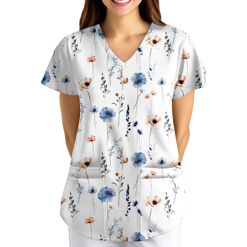 Plus size bedrukte scrub werkkleding tops voor dames met V-hals en print, korte mouwen, leuke T-shirts, werkkleding T-shirt met zakken