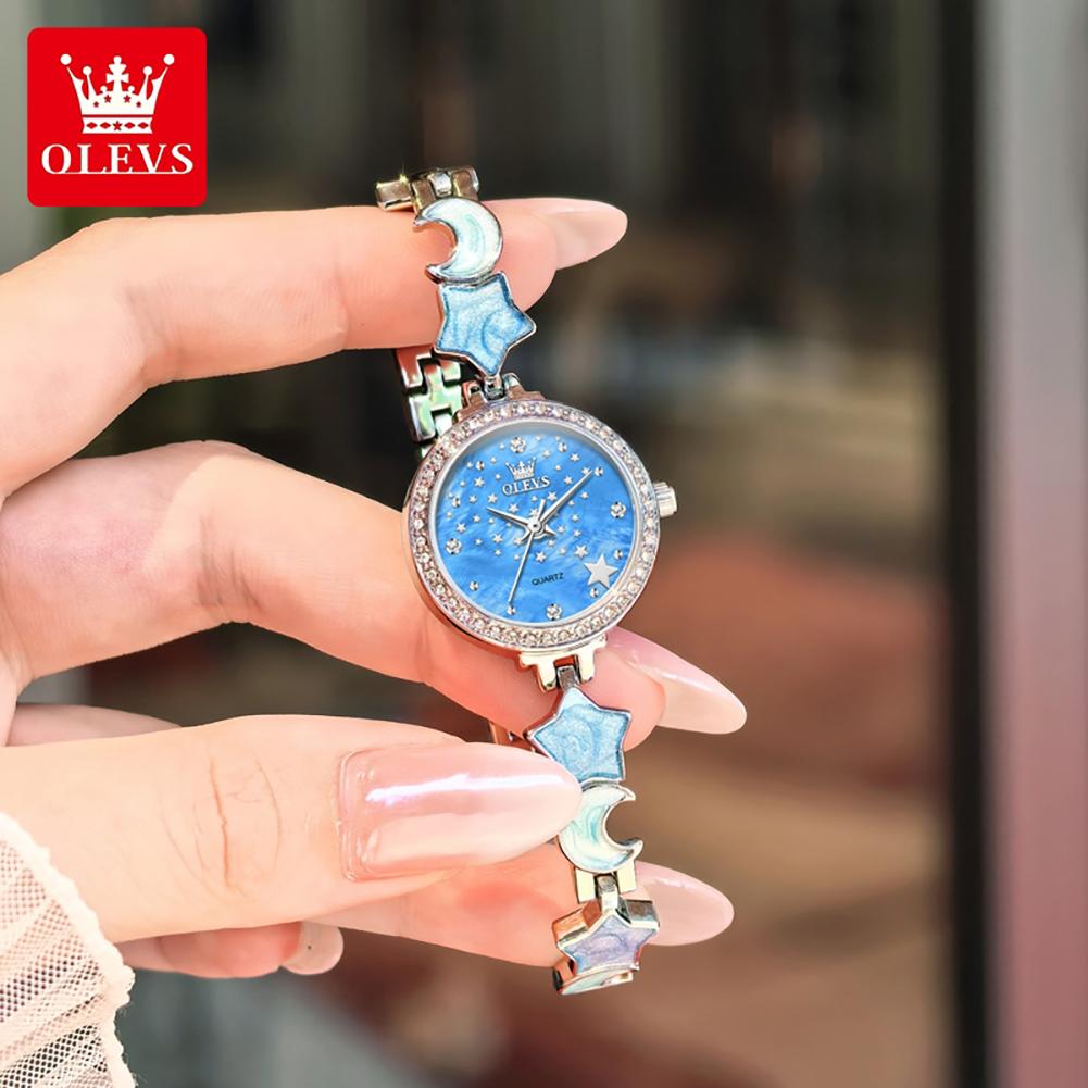 OLEVS Brand Luxury Women's Quartz Dress Watch Ladies Waterproof Steel Stars Moon Bracelet Wristwatch Womens Relogio Feminin