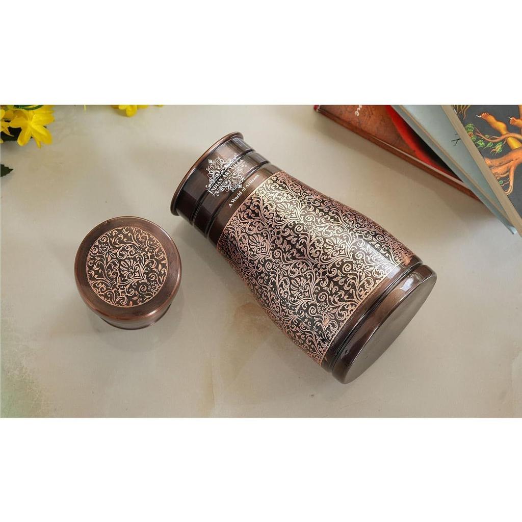 Pure Copper Bedroom Water Bottle with Inbuilt Glass, Dark Embossed Design, Bedside Carafe, Ayurvedic Health Benefits, 950 ML (Pack of 1)
