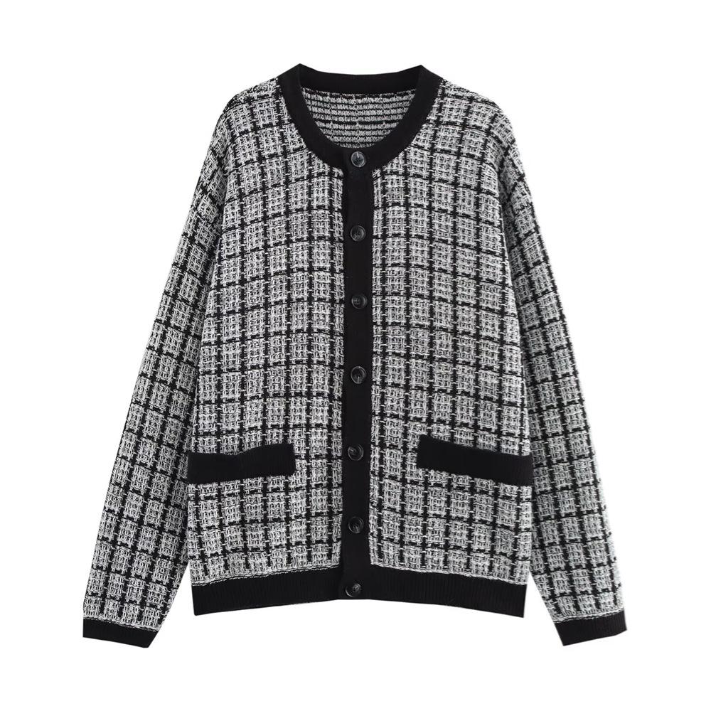 

2025 Spring Women s Loose Color Block Plaid Knit Cardigan M