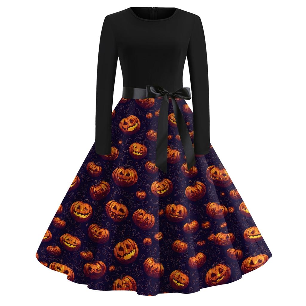 Women's Casual Halloween Print Vintage Round Neck Long Sleeve Dress Retro Fit and Flare Style with Waist Tie and Unique Pumpkin Pattern