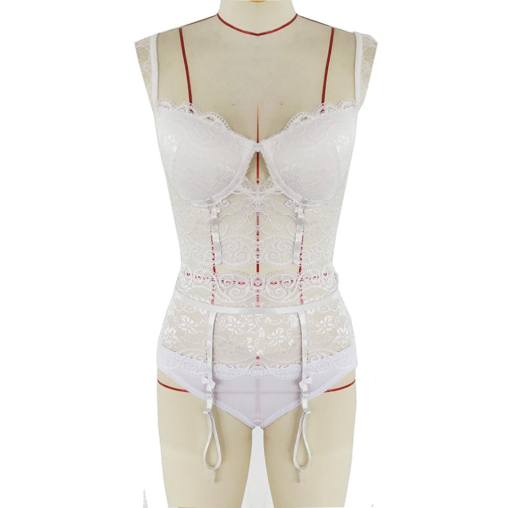 Women Sexy Lace Underwear V-neck Chest Pad Bra Thong Bow Garter Lingerie Set