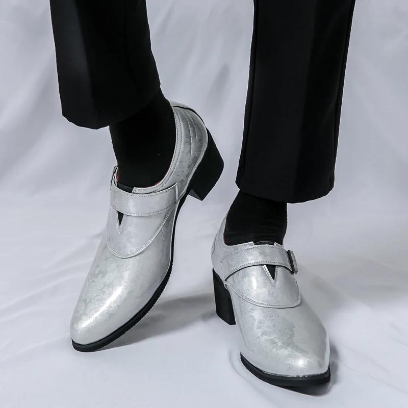 Fashion Men's Pointed Silver Green Monk Strap Loafter Leather Casual Men Shoes Man Male Formal Wedding Dress Shoes for Men