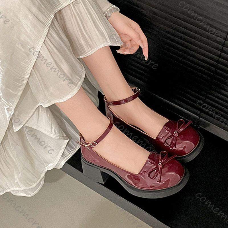 Fashion Comemore Red Mary Jane Women Pumps Thick High Heels Shoes Female Lolita Square Toe Shoes Spring Fashion Party Leather Woman Shoe