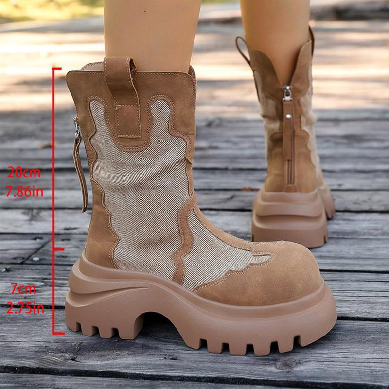 Fashion Retro Zipper Up Black Khaki Women's Boots Autumn Winter High Heel Platform Ankle Boots Woman Anti Slip Wedges Botas Mujer