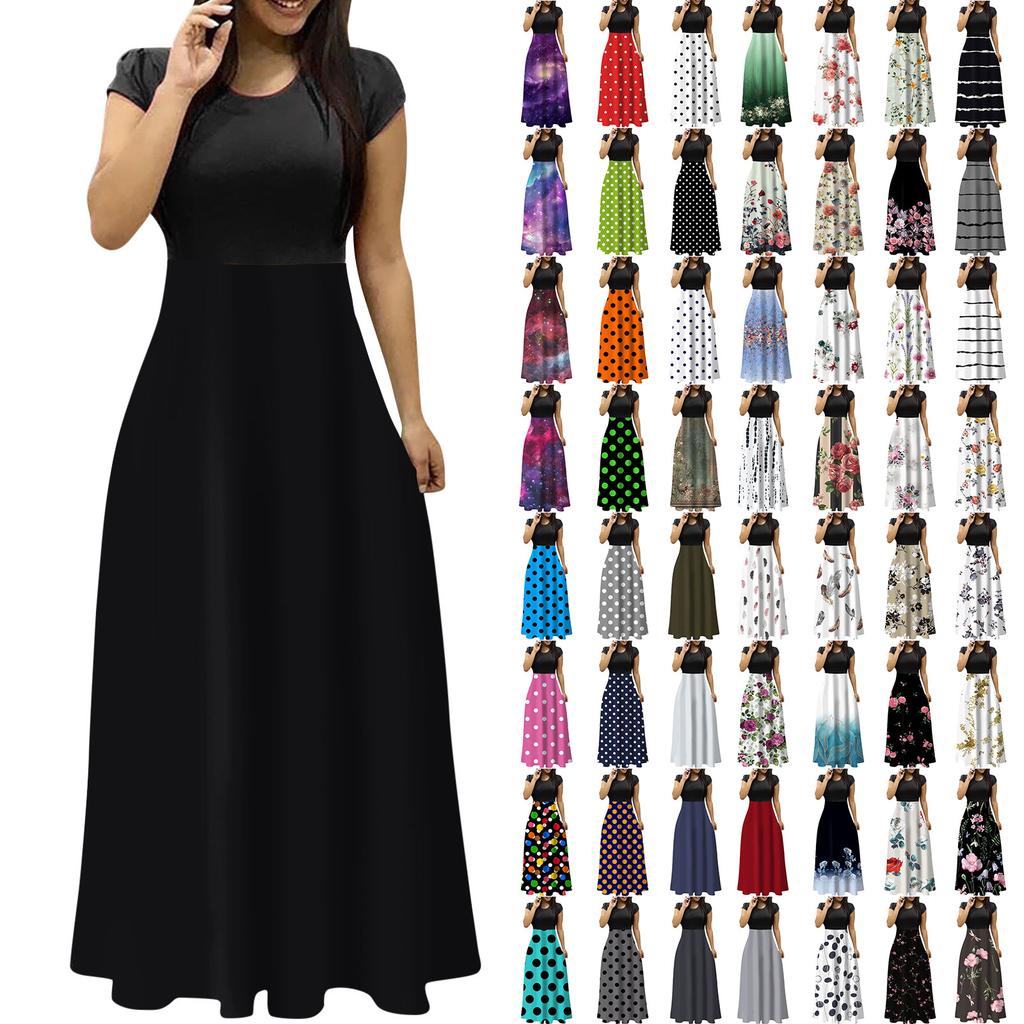 Women's Fashion Casual Loose Printed Round Neck Short Sleeve Long Dresses