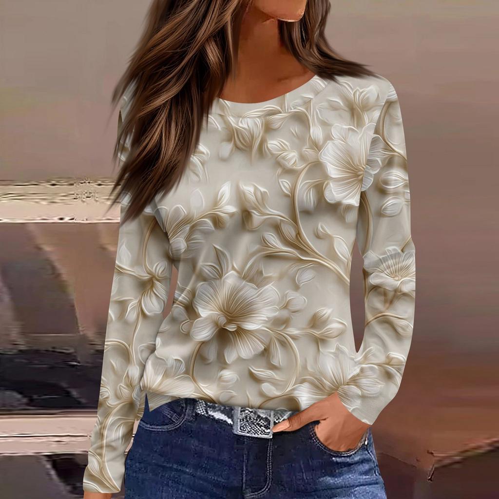 Women's Fashion Casual LongSleeve Print Round Neck Pullover Top Blouse