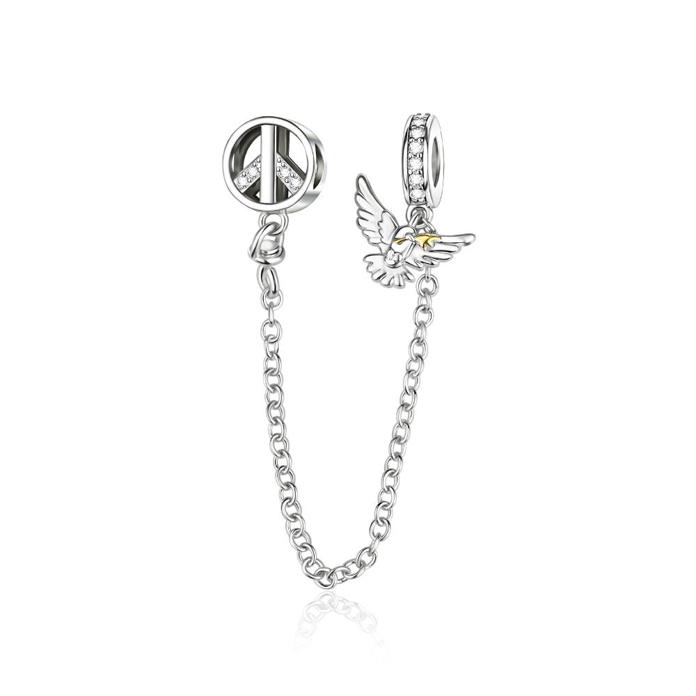 925 Silver Safety Chain Charm Bracelet Set Clover Lock Key Bear Peace Dove Fruit Decoration Beaded Fine Jewelry Gift