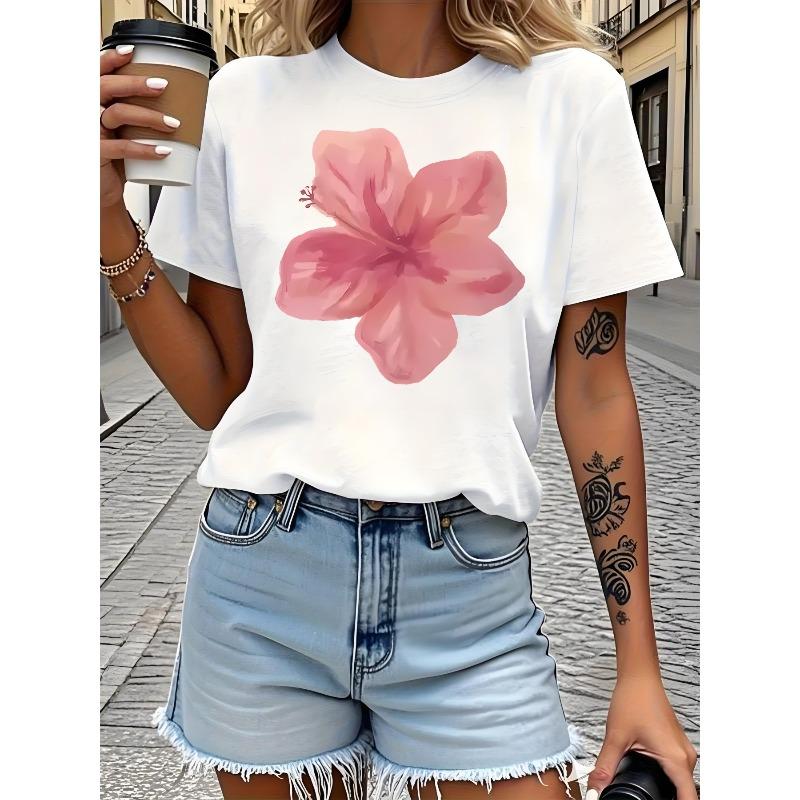 Women Floral Creative Print T-Shirt Crew Neck Short Sleeve 100% Soft Casual Elegant Festival Essential Top