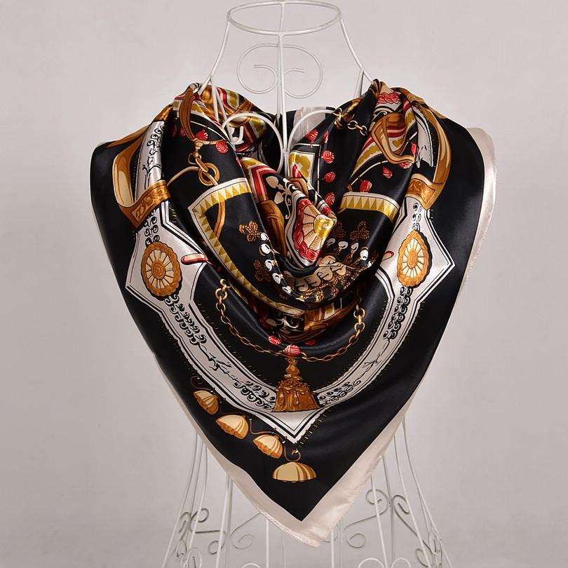 New Style Female Satin Red Big Square Silk Scarf Printed, Women Coffee Silk Scarf Hijab Wraps For Summer,Autumn 90*90cm