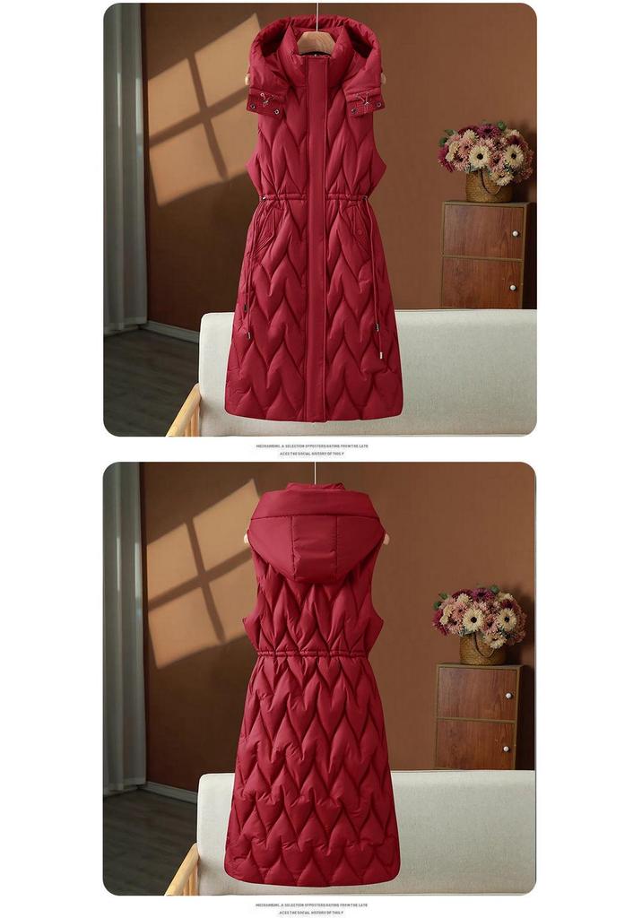 Women's Mid-Length Hooded Thick Cotton Vest - Autumn/Winter Korean Style Plus Size Gilet Jacket