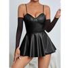 Plus Size Women Sexy Lingerie Wetlook Leather Dress Straps Shiny Latex Erotic Dress Push Up Bra Bag Hip Skirt Babydolls Clubwear
