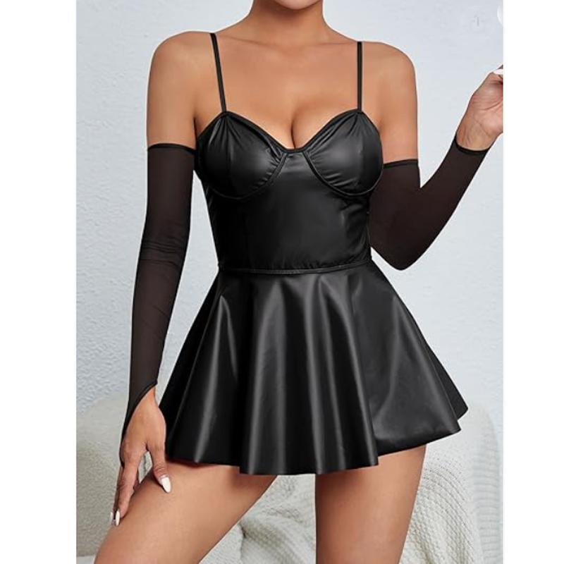 Plus Size Women Sexy Lingerie Wetlook Leather Dress Straps Shiny Latex Erotic Dress Push Up Bra Bag Hip Skirt Babydolls Clubwear