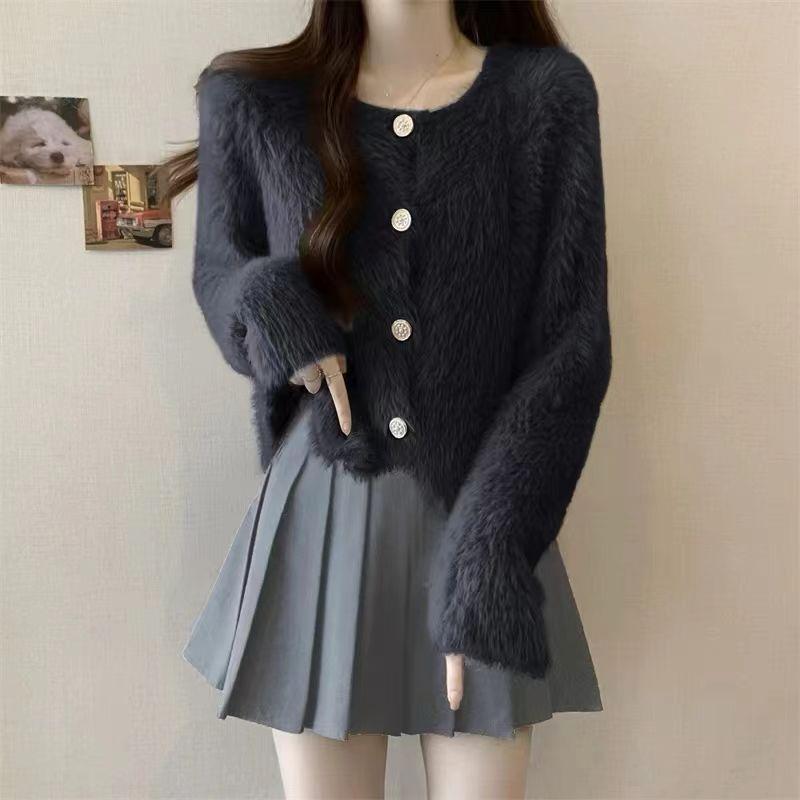 

Женский вязаный кардиган ранняя весна новый короткий топ свободный свитер куртка 3XL чёрный