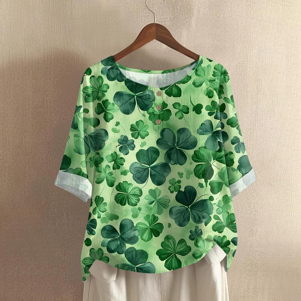 Women's Casual Mid-Sleeve Round Neck St. Patrick's Day Print Cotton-Linen Blend Top