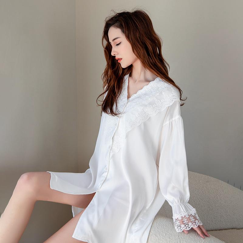 Pajamas women's summer ice silk pajamas boyfriend style long court French princess style sexy lace loungewear thin