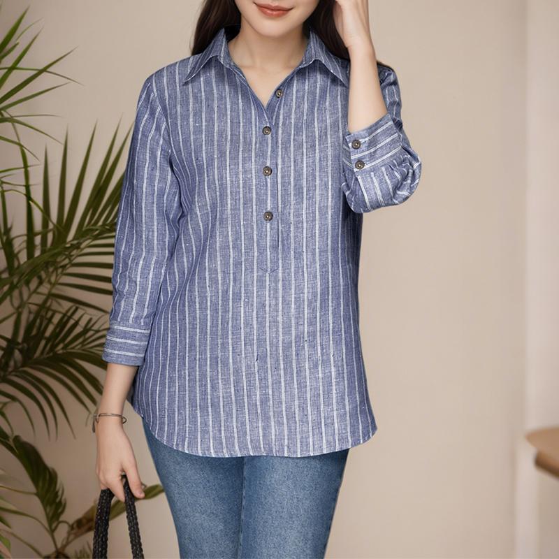 

ZANZEA Женская повседневная свободная полосатая блузка с отложным воротником и рукавами 3/4 5XL синий