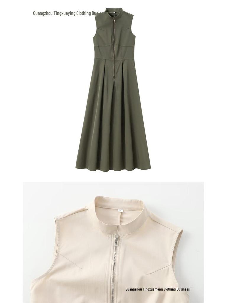 Spring 2026 European & American Style Women's Midi Dress: French Design, Round Neck, Sleeveless, Waist-Cinching, Commuter Chic