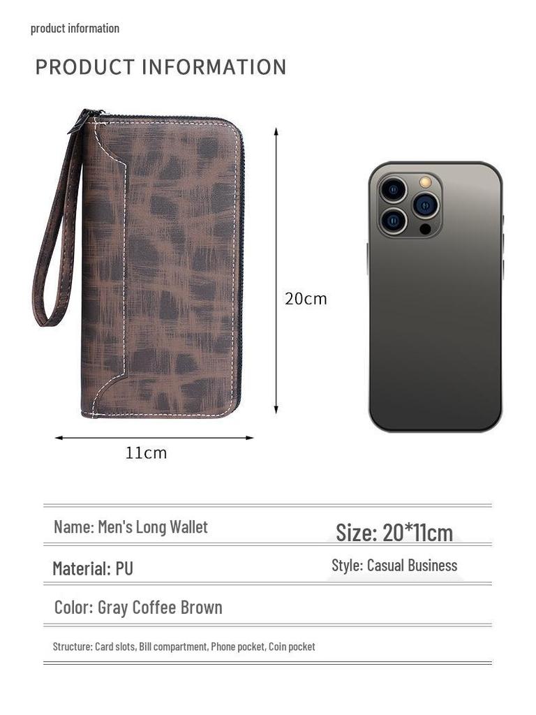 Men's Leather Long Zip Wallet: Multifunctional Card Holder & Large Capacity Clutch with Multi-Card Slots.